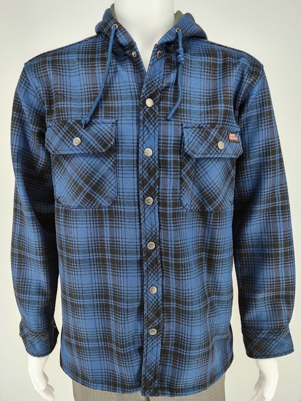 Dickies Men's Blue Plaid Fleece-Lined Canvas Hooded Shirt Jacket (S 34-36)
